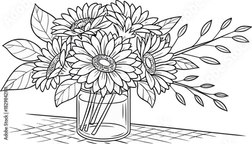 Sunflowers in outline. Line art of sunflowers illustration.