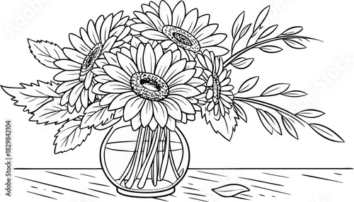 Sunflowers in outline. Line art of sunflowers illustration.