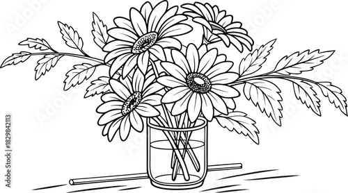Sunflowers in outline. Line art of sunflowers illustration.