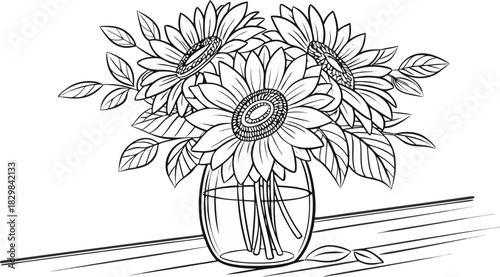 Sunflowers in outline. Line art of sunflowers illustration.