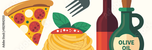 Stylized vector illustration of traditional Italian cuisine ingredients including a delicious pepperoni pizza slice, a twirl of spaghetti pasta with basil, a red wine bottle, and extra virgin olive oi