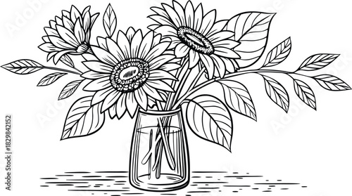 Sunflowers in outline. Line art of sunflowers illustration.