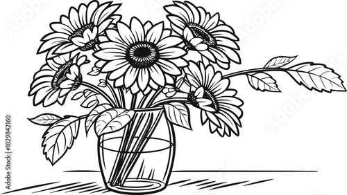 Sunflowers in outline. Line art of sunflowers illustration.