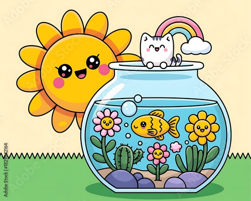 Cute kawaii sun and cat sitting on a fishbowl with rainbow