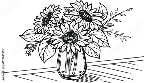 Sunflowers in outline. Line art of sunflowers illustration.