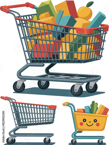 Modern digital illustration of varied retail shopping carts and consumerism trolleys, including a large, fully stocked market basket filled with colorful geometric goods, an empty wire cart, and a cut