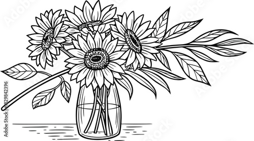 Sunflowers in outline. Line art of sunflowers illustration.