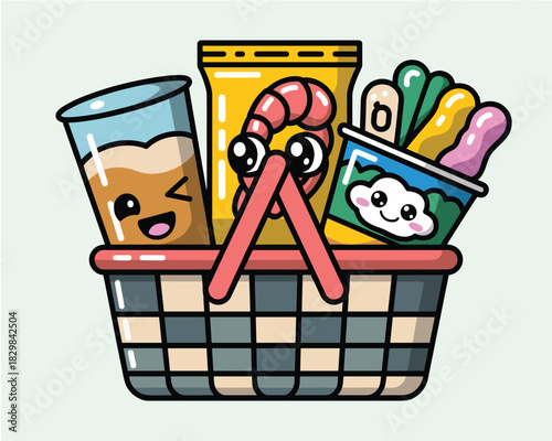 Cute kawaii cartoon vector illustration of a shopping basket brimming with anthropomorphic snack food items including a smiling beverage, chips bag, and colorful popsicles, great for cheerful retail b