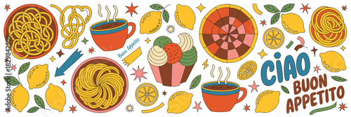 A vibrant retro Italian food doodle collection featuring groovy spaghetti plates, fresh lemons, creamy gelato, hot coffee mugs, and a colorful pizza target, ideal for cheerful restaurant branding, adv