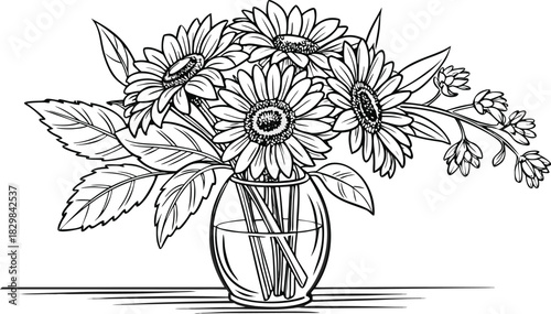 Sunflowers in outline. Line art of sunflowers illustration.
