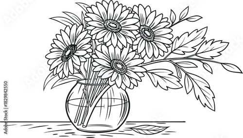 Sunflowers in outline. Line art of sunflowers illustration.