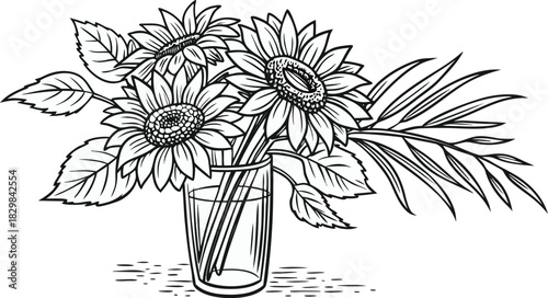Sunflowers in outline. Line art of sunflowers illustration.