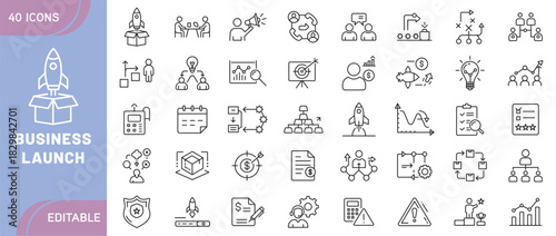 Business Launch Icons – Startup, Growth, Innovation, Strategy, Funding, Planning, Leadership, and Entrepreneurship Symbols