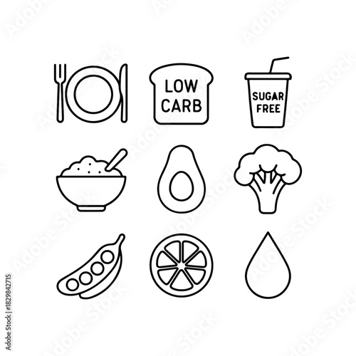 Healthy low carb food icons for diet and nutrition