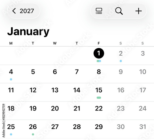 2027 January Calendar: A close-up view of a digital calendar page open to January 2027, highlighting important dates amidst a simple, uncluttered design.