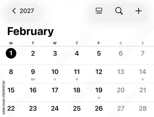 February Calendar Preview: A detailed view of the February 2027 calendar, showcasing dates and potentially highlighting events or appointments, crucial for scheduling.