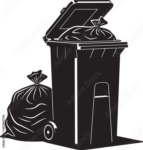 Black and white illustration of trash can and bag
