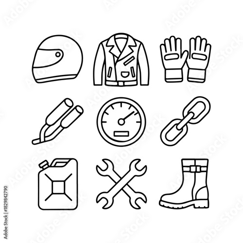 Motorcycle gear and accessories line art icons