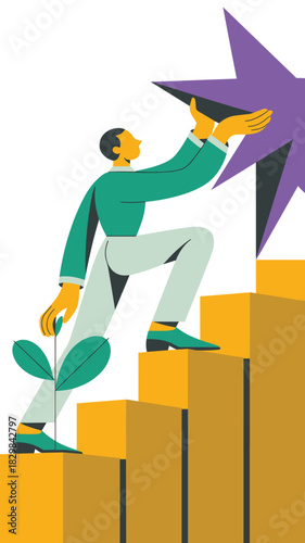 Ambitious individual climbing geometric mustard yellow steps, striving toward a stellar achievement goal while fostering environmental growth and professional development, conceptualizing progress, mo