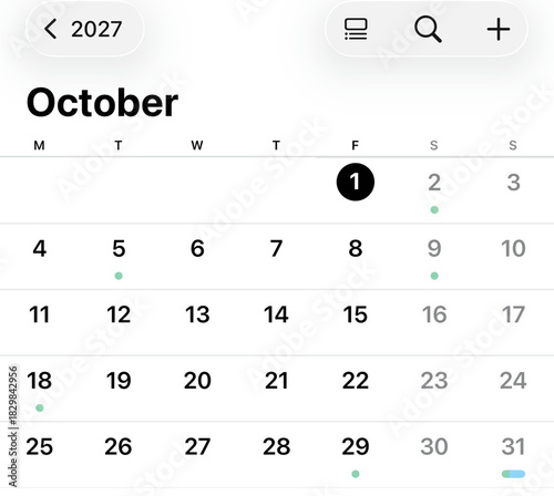 Calendar of October 2027: A digital calendar page displays the month of October in the year 2027, highlighting specific dates and providing a visual representation of time management and scheduling.