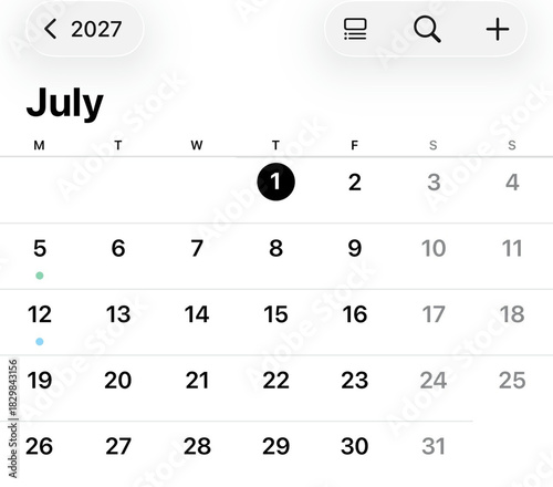 Calendar: July 1st, 2027: An open calendar displays July 2027, with the first day prominently highlighted, symbolizing the beginning of a new month and the passing of time.