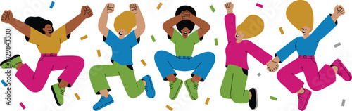 A vibrant group of five diverse friends leaping high celebrating achievement and victory with fists pumped in the air, symbolizing energy, joy, partnership, and inclusion; a modern graphic flat vector