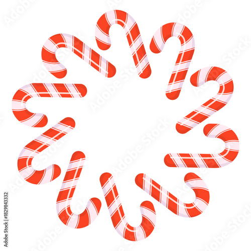 Festive wreath made of red and white candy canes arranged in a circular shape. Ideal for Christmas decor, labels, packaging, stickers and holiday graphics.