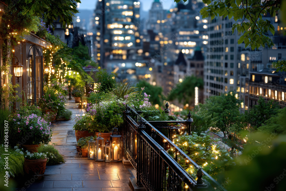 Obraz premium Rooftop garden with city view at dusk