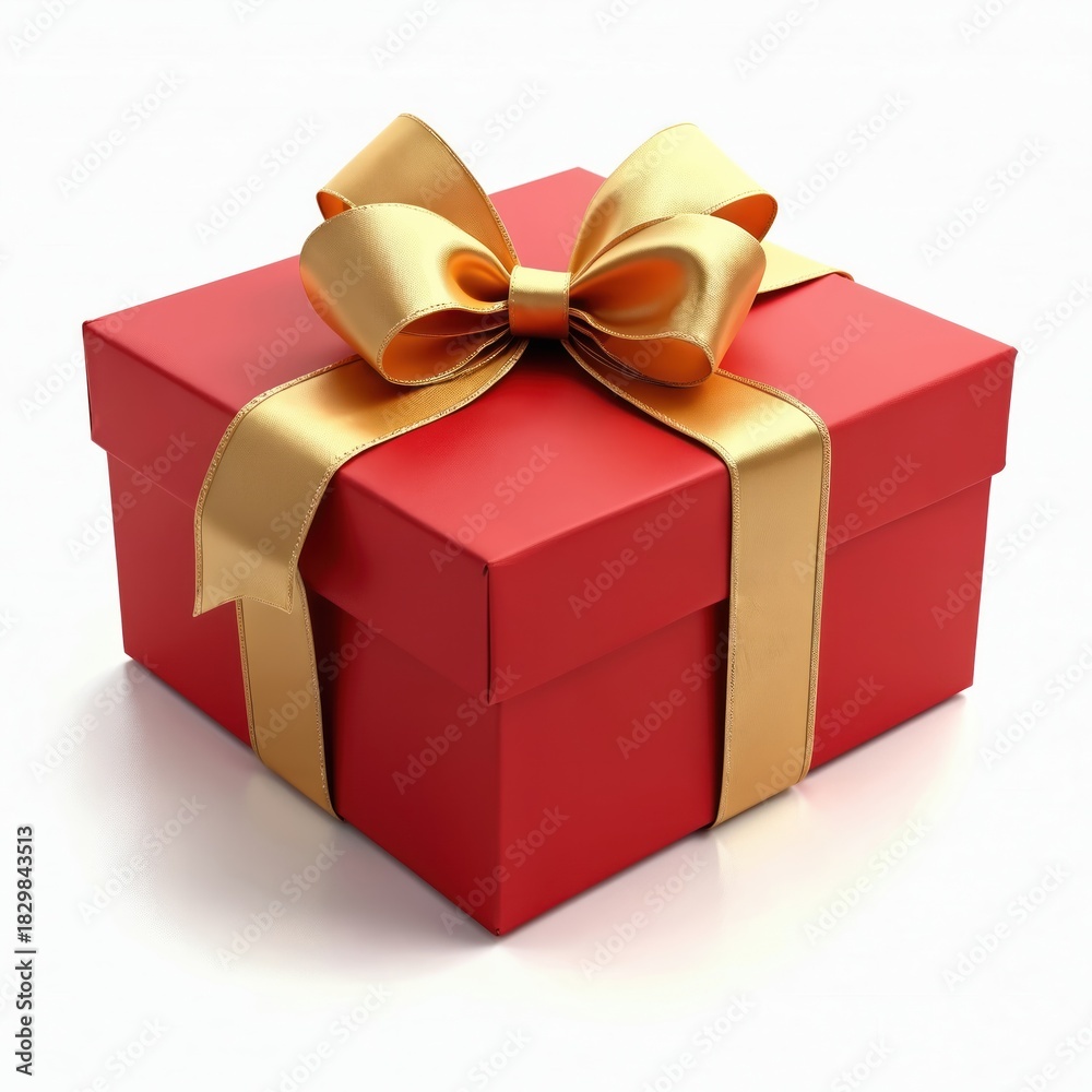 Obraz premium Red gift box with gold ribbon bow sits ready for giving. Clean white background highlights festive container ideal for promotions, celebrations, holidays, special events, and surprises.