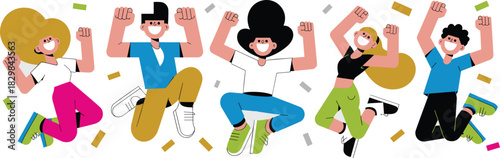 A diverse group of excited young adults and friends jumping in the air and celebrating success and teamwork with fists raised, surrounded by bright confetti on a clean background, using a modern flat