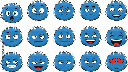 Cartoon emotion faces, blue fuzzy characters, facial expressions, happy, sad, surprised, love, bored,