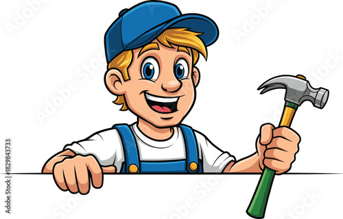 Cartoon handyman character, blue cap, blonde hair, white shirt, blue overalls, holding hammer, smiling worker, construction theme, repair icon, cheerful 