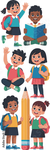 Joyful diverse group of young primary school students, boys and girls, in flat vector illustration style, smiling while learning, reading, and holding a large pencil, perfect for academic curriculum,