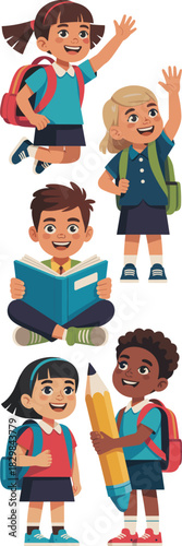 A diverse collection of cheerful elementary school students and happy children raising hands, reading books, and carrying bright backpacks, symbolizing childhood education, learning, knowledge, studyi