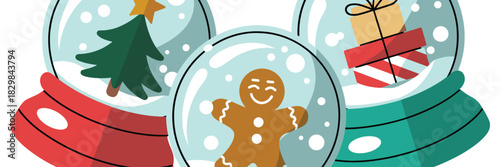 Trio of charming festive snow globes showcasing classic winter and Christmas imagery including a decorated pine tree, a smiling gingerbread figure, and wrapped gifts, a colorful vector illustration fo