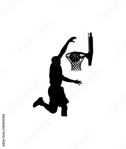 Dynamic basketball player silhouette soaring for slam dunk action, powerful athletic skill