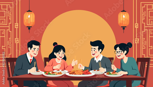 A family enjoys traditional dishes at a festive lunar new year dinner celebration atmosphere