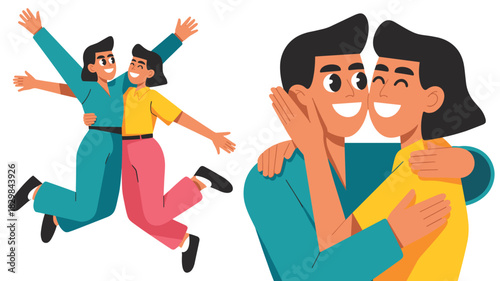 Cheerful flat vector illustration showing a diverse millennial couple or best friends hugging, jumping, and celebrating their close relationship and friendship with joy, a modern graphic asset emphasi