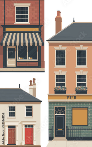 Traditional English and European architecture vector illustration of quaint urban street facades featuring charming residential townhouses, commercial retail shops with awnings, and a classic neighbor
