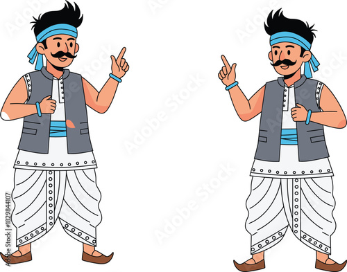 Cartoon Indian characters, traditional attire, dhoti, vest, headband, mustache, pointing gesture, mirrored illustration, cultural t