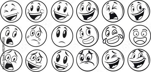 8 black-and-white cartoon emoticons, each depicting a different facial expression. 