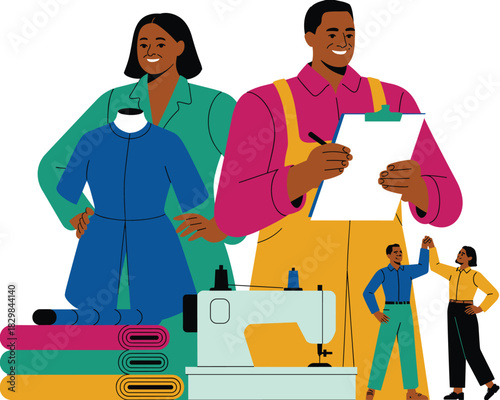 Diverse team of clothing entrepreneurs working in a textile manufacturing business, featuring a Black woman designer with a mannequin and a Black man checking inventory on a clipboard, symbolizing suc