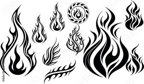 A collection of various flame designs, showcasing different styles and shapes for tattoo inspiration