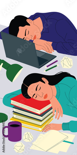 Exhausted professional colleagues and university students sleeping on the desk after intense long hours of work and study, illustrating severe burnout, fatigue, and stress in a modern flat vector desi