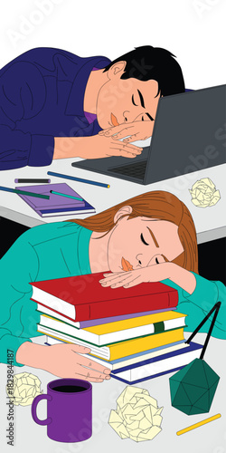 Fatigued young adult students overcome by academic stress and burnout, napping on a busy workspace desk with books and laptop, illustrating deadline pressure, overwork, and exhaustion in a vibrant mod