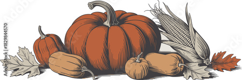 Detailed vintage engraving illustration of a bountiful autumn harvest centerpiece featuring large terracotta orange pumpkins, assorted decorative gourds, seasonal field corn, and rustic fall foliage,