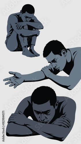 Conceptual vector graphic illustration depicting the stages of male emotional suffering, isolation, and anxiety, featuring a stressed man sitting, reaching out, and expressing intense frustration, sui