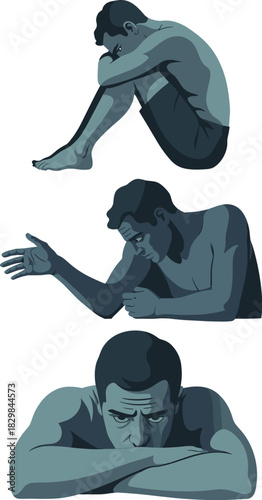 Conceptual vector graphic sequence showing a troubled male adult struggling with depression, anxiety, and extreme stress, depicting various emotional states including isolated despair, fearful sitting