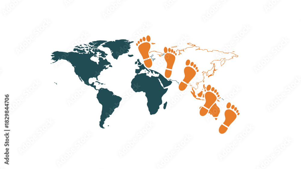 Fototapeta premium A blue graphic illustration of people standing around a globe on a white background with a swoosh design element.