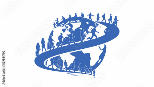 A blue graphic illustration of people standing around a globe on a white background with a swoosh design element.